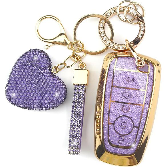 Key Fob Cover with Diamond Keychain for Women, Car Key Holder Compatible with Ford Explorer Fusion Edge Expedition F150 F250 F350 F450 F550 Maverick