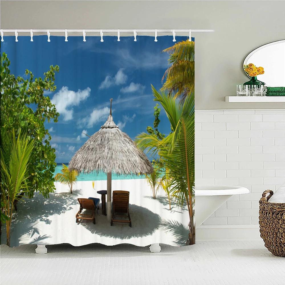 3D Seascape Beach Printed Fabric Shower Curtains Bathroom Curtain Bath Screen Waterproof Products Home Decor with Hooks