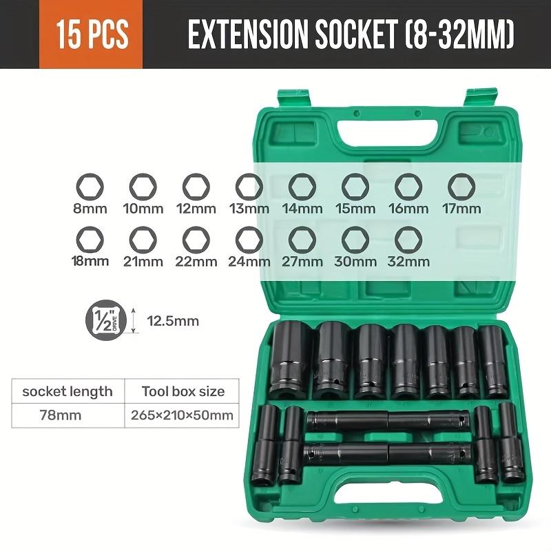 1/2 Inch Drive Metric Deep Impact Socket Set, Cr-V Steel, 10/15 Pcs, 8-32mm