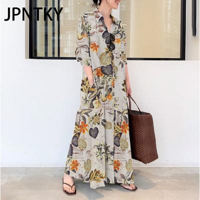 JPNTKY Damenmode Herbst Winter Blumendruck Langarm POLO-Kragen Lässige Kleider