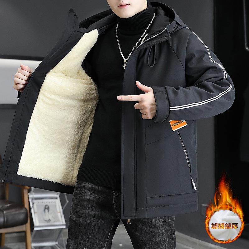 Tooling jacket men's autumn and winter fleece thickened handsome hooded jacket trendy windproof casual teen pie overcome