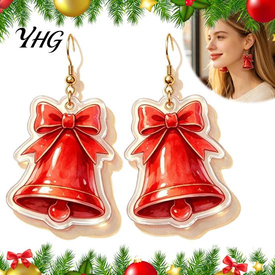Unique Christmas Stocking Stuffers 1 Pair 2D Acrylic Bell Dangle Earrings for Women, Cute Red Holiday Jewelry Party with Bow, Gifts Xmas Accessories