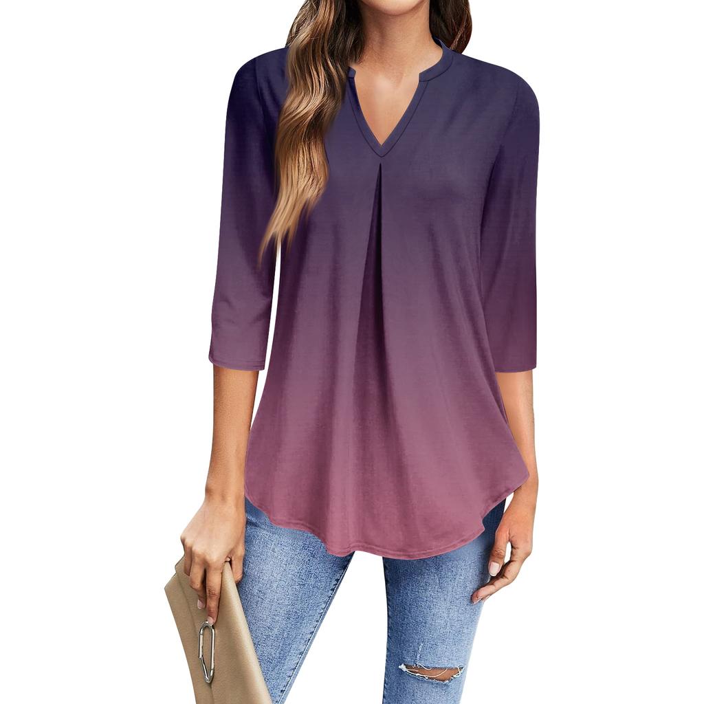 Women's Fashion Casual Three-Quarter Sleeve T-Shirt Printed V-Neck Top
