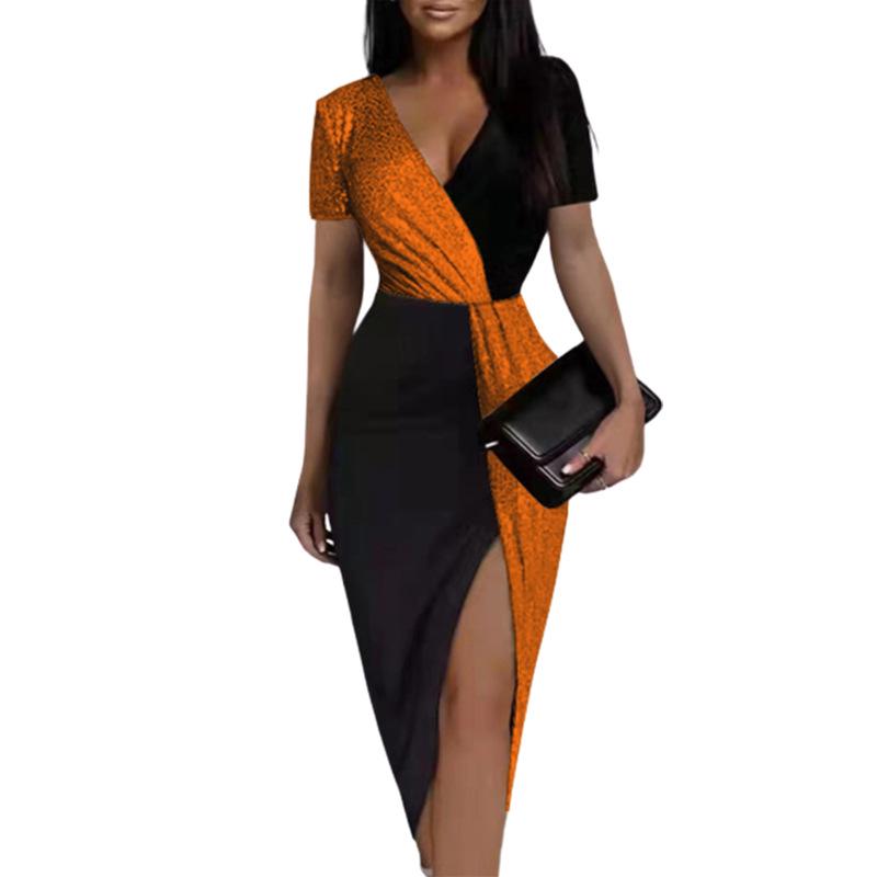 

2024 Ethnic Style Color-Block High-Waist Mid-Length Dress with Waist-Cinching and Short Sleeves Medium