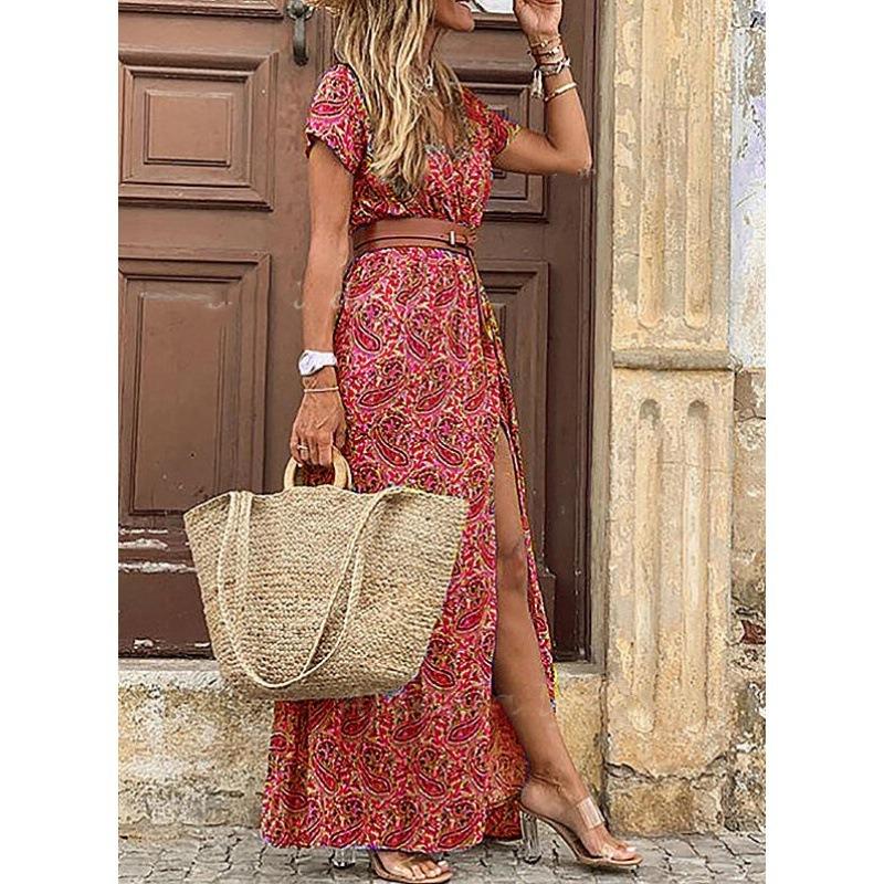 Summer Bohe Style V-neck Floral Printed Dress Belt Loose Short Sleeve Fashion Elegant Casual A-line Party Long Dresses Female Dtreetwear Clothing