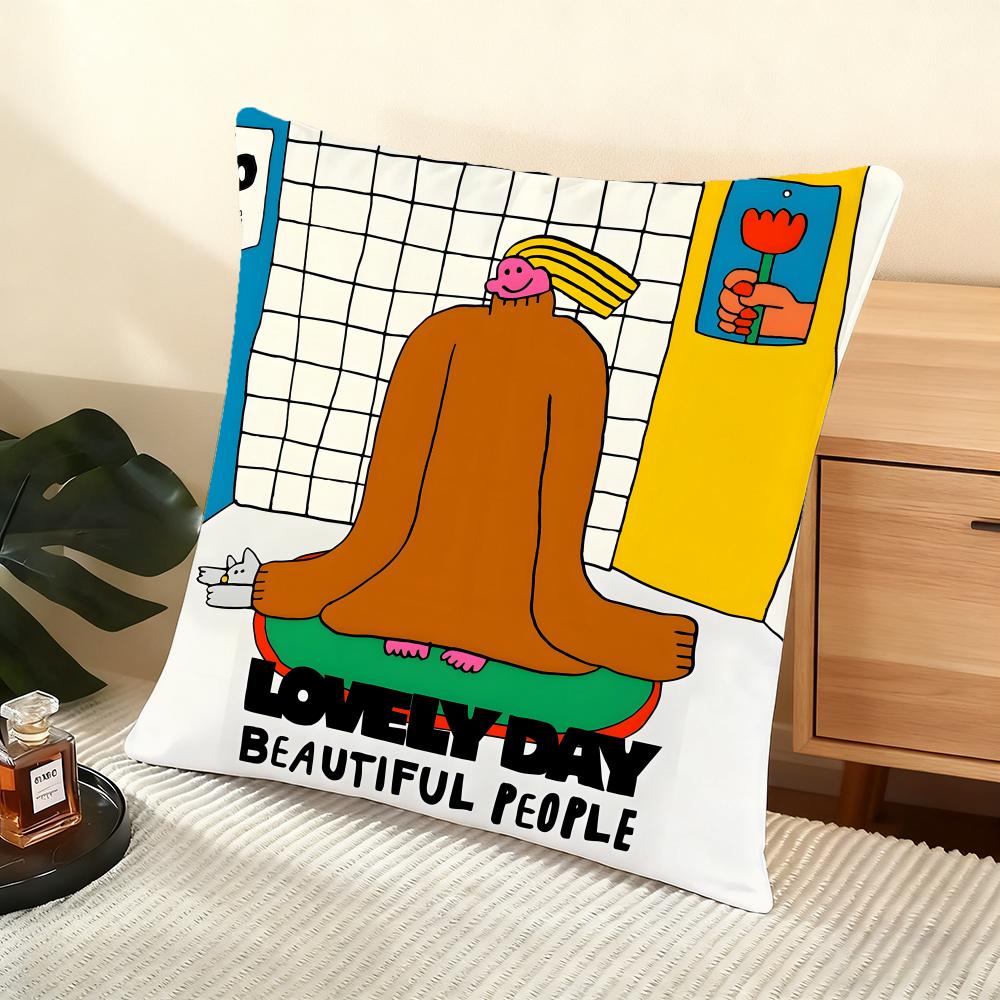 Flat Illustration Cushion Cover Silky Short Plush Home Sofa Cushion Cover - Invisible Zipper Home Decoration