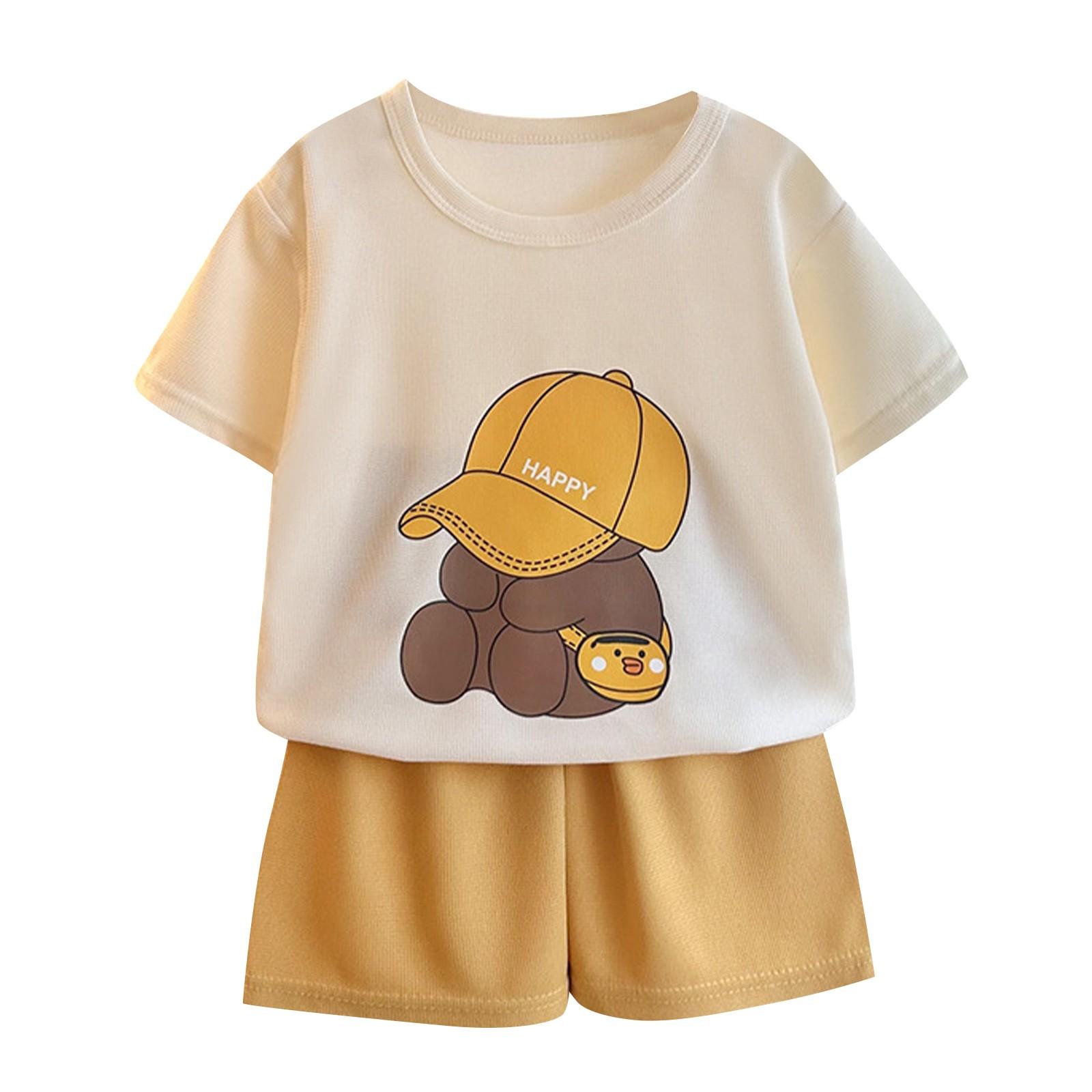 Детские мальчишеские спортивные костюмы 2 шт. Хлопок с принтом мишки, короткий рукав + шорты, одежда для мальчиков, свободный, круглый вырез, костюм-футболка для маленьких мальчиков 100