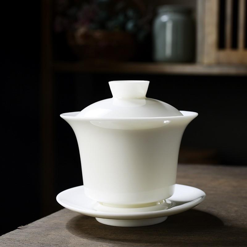 White Porcelain Gaiwan Tea Bowl Set With Lid Saucer Jade Like Ceramic Kung Fu Teacup For Home Office Brewing