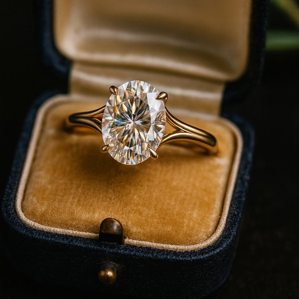Oval Cut Cubic Zirconia Ring – Yellow Gold Plated Solitaire, Pave Split Shank, Engagement, Wedding, Promise, Anniversary Gift