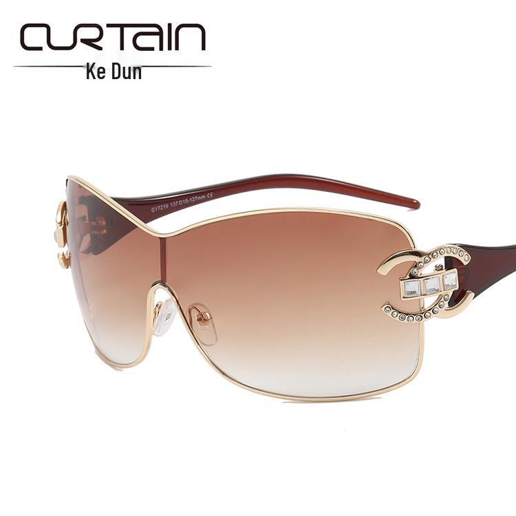 2022 Women's Frameless Rhinestone Fashion Sunglasses, One-Piece Large Frame Design
