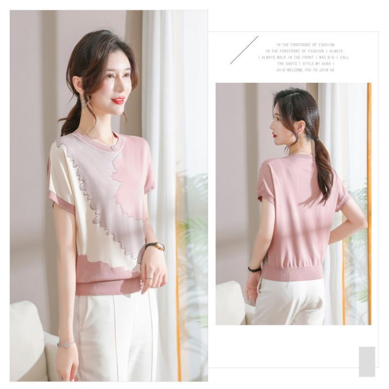 Women Summer New Ice Silk Round Neck Short Sleeve T Shirt Elegant Loose Thin Knit Top