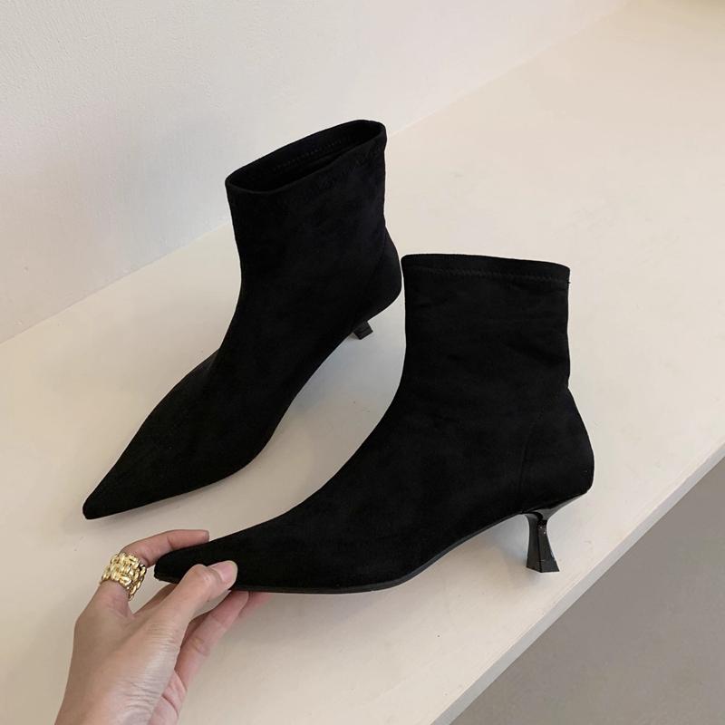 

Fashion SUOJIALUN 2025 Winter New Brand Women Ankle Boots Fashion Pointed Toe Slip On Short Boots Shoes Thin Med Heel Dress Pumps 39 чёрный