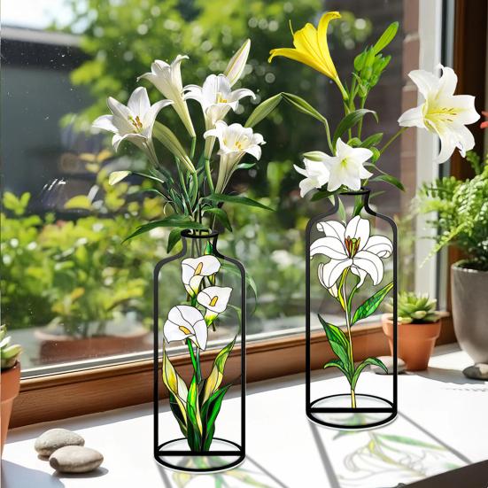 4 Pcs Wire Flower Vases Hollow Desktop Planter with Stained Glass Floral Design Hydroponic Propagation Station Flower Holder for Home Wedding Decor