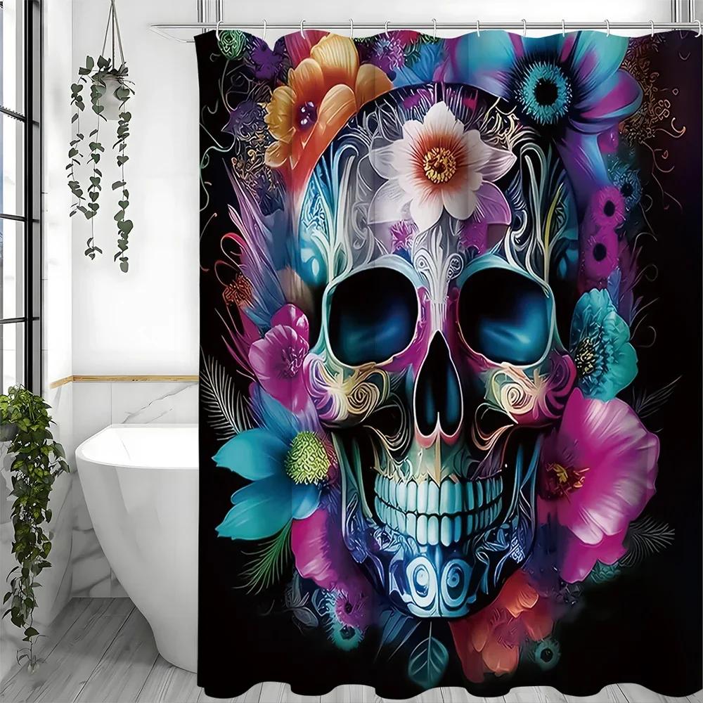 

Шторка для душа YXSkull Flower, Декоративная шторка для ванной комнаты, Водонепроницаемая шторка для душа с крючками W90XH180cm