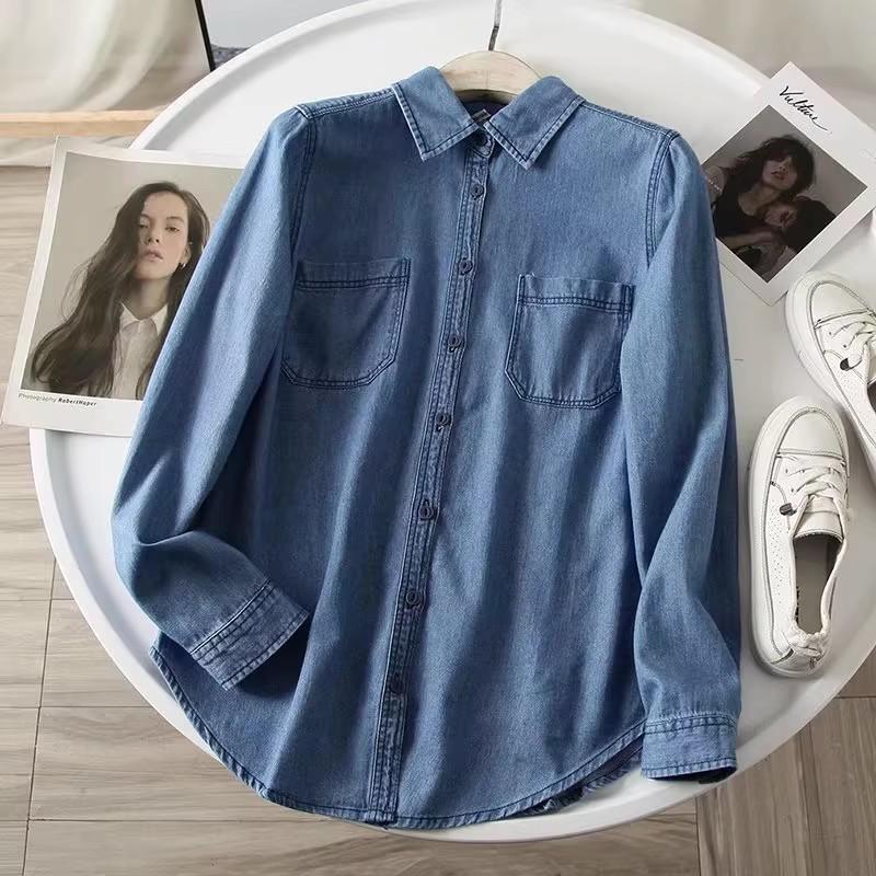 Women's Korean Style Slimming Denim Shirt, Long Sleeve, for Spring/Autumn Layering, Design Sense, Base Shirt, Thin Jacket.