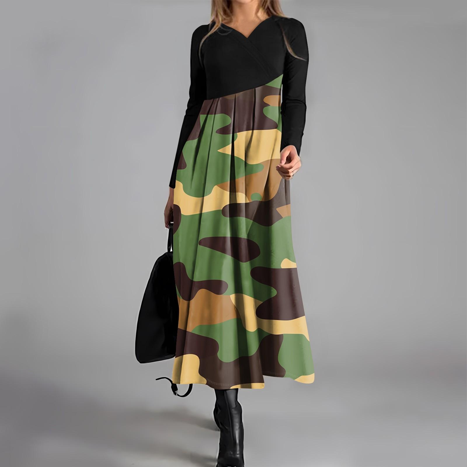 

Женское повседневное модное платье с V-образным вырезом и длинными рукавами, камуфляжный принт, карман на талии, большое свободное платье L