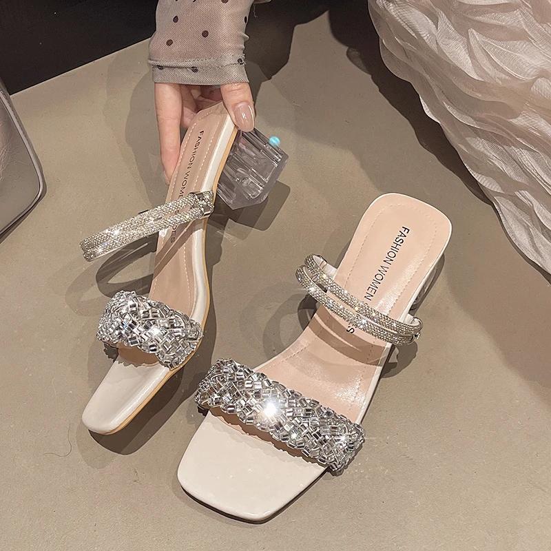 Shoes for Women 2025 New Summer Outdoor Large Size Women's Slippers Fashion Rhinestone Peep Toe Square Heel Modern Slippers