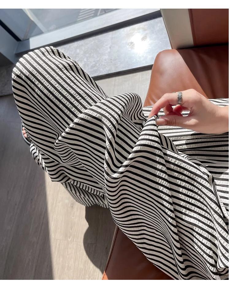 Spicy Girl 2025 Summer Ice Silk Striped Wide-Leg Pants - Plus Size, Casual, Hip-Hugging, Lazy Style