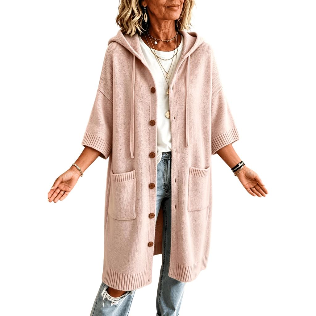 Women's Color Hooded Knit Cardigan with, Soft Thick and Warm, Long Length Three-Quarter Sleeve, Elegant Casual Outerwear for Spring Fall Winter