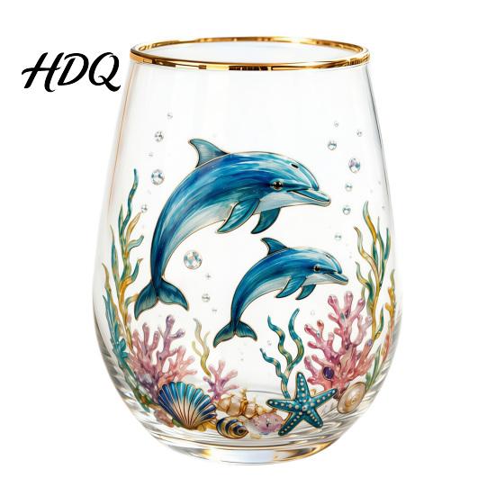 Hand-painted Glass Cup Hand Painted Tumbler Egg Shaped with Gold Rim Clear