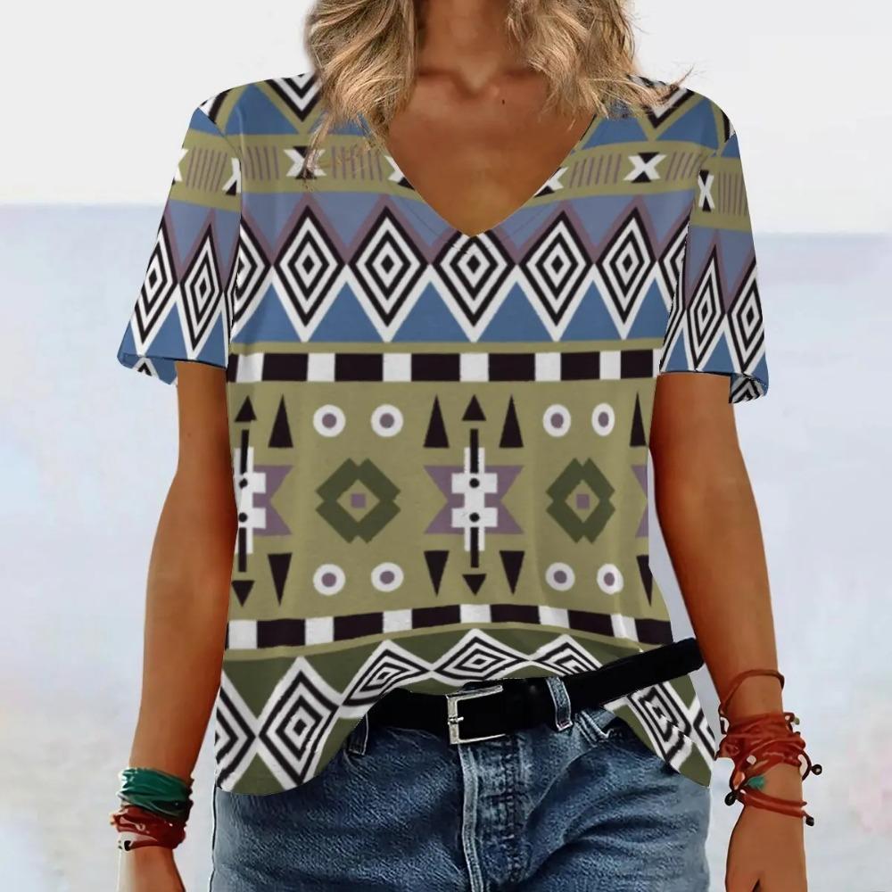 

Женская уличная футболка с V-образным вырезом и короткими рукавами в этническом стиле с геометрическим 3D-принтом 5XL