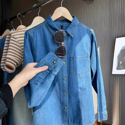 Camisa Vaquera para Mujer Manga Larga Solapa Tops Azul Casual Hombro Delantero Corte Holgado Base Camisas Ted
