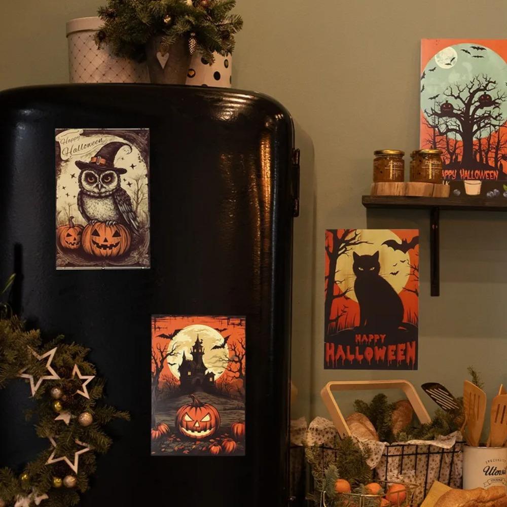 10pcs/set Castle Broom Black Cat Wall Stickers Halloween Greeting Cards Party Invitations