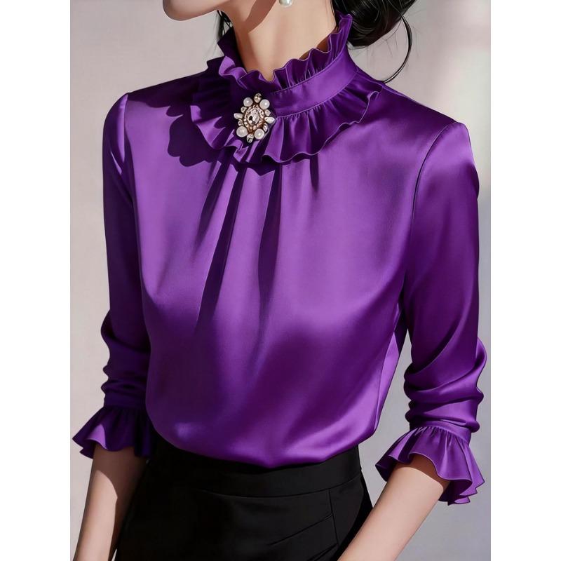 Women ruffled stand collar satin three quarter sleeve shirt multi color slim fit rhinestone pearl brooch office elegant blouse