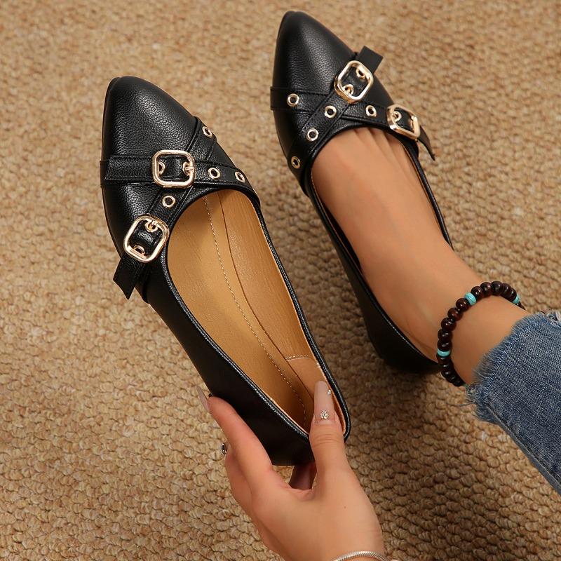 2025 Women's Ladies Elegant Patent Leather Pointed Toe Block Heel Bow Metal Buckle Casual Commute Date Shoes