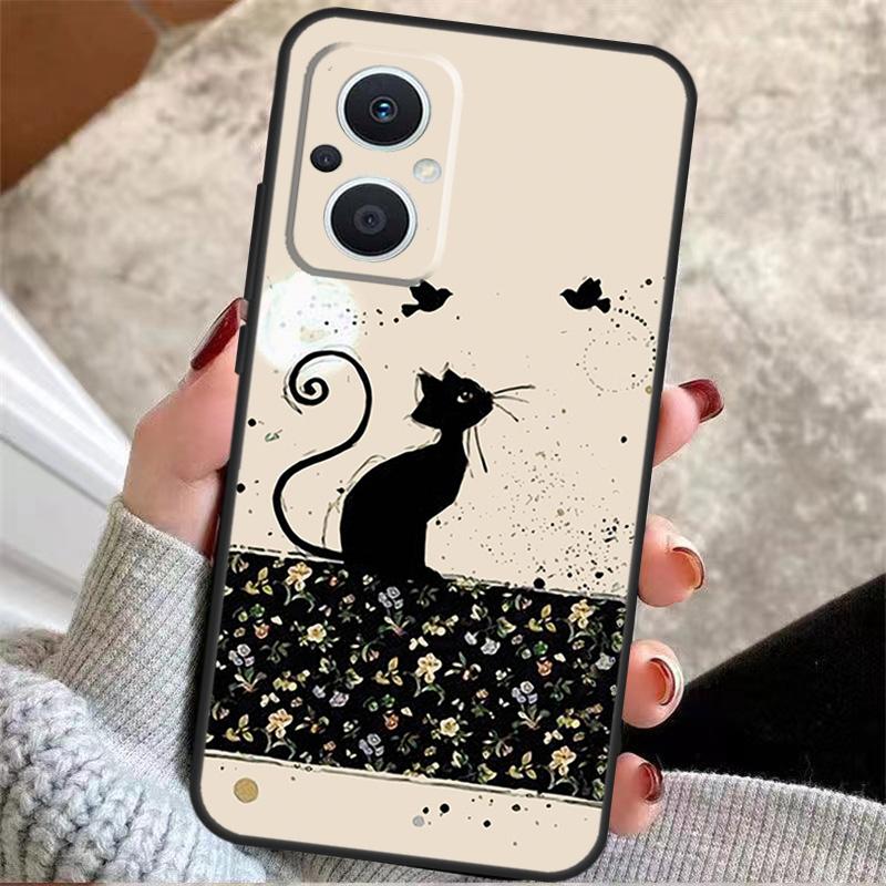 BLACK CUTE KITTY Case For OPPO Reno 8 7 Lite Reno 3 4 5 6 Lite 8T 4Z 5Z Find X5 X2 X3 Lite Neo X6 Pro Cover