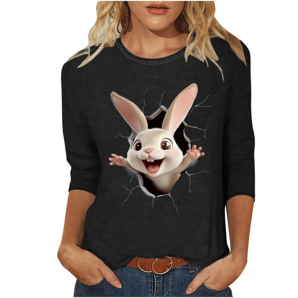Round Neck 3D Rabbit Printed Top Fashionable Casual Long Sleeved Women's T-shirts