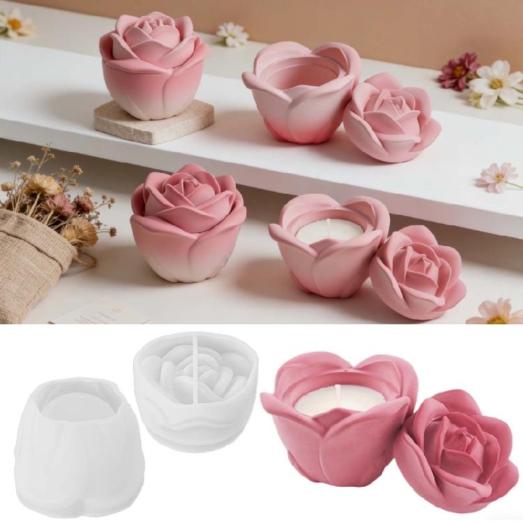 Rose Embossed Resin Jar Mould with Lid Concrete Cement Silicone Mould for Epoxy Resin Candle Container Home Decoration