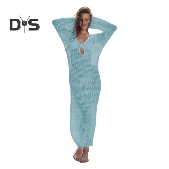 

Женское пляжное платье с открытой спиной, трикотажным принтом, шнуровкой на бретелях, V-образным вырезом, свободным халатом, длинным рукавом, защитой от солнца, женским купальником-бикини, пляжной одеждой S синий