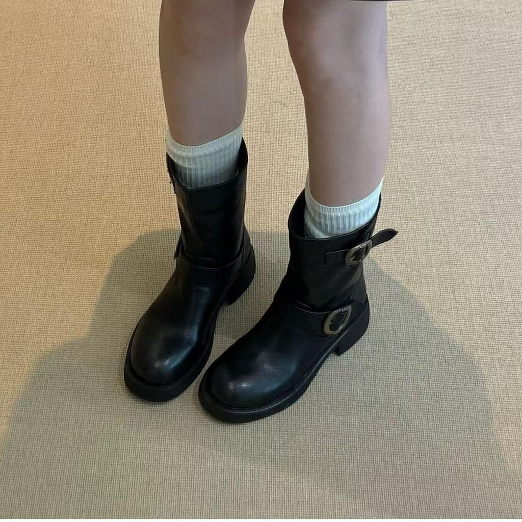 Sheepskin version~ retro round head belt buckle medium boots 2025 new thick heel Martin boots knight boots