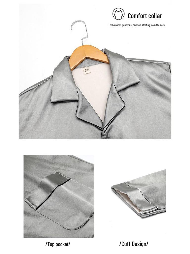 Men's Luxury Fleece-Lined Ice Silk Pajamas: Long Sleeve Satin Set for Fall/Winter, Wear Indoors or Outdoors