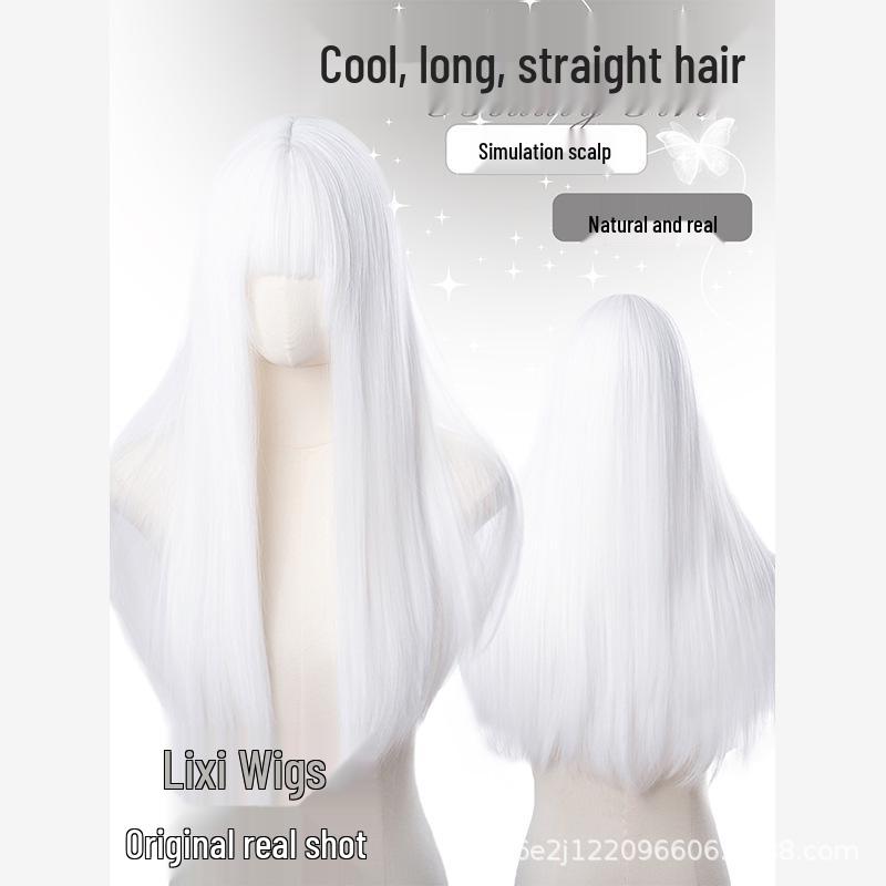 Women's Daily Korean Lolita Style Long Straight White Wig with Bangs