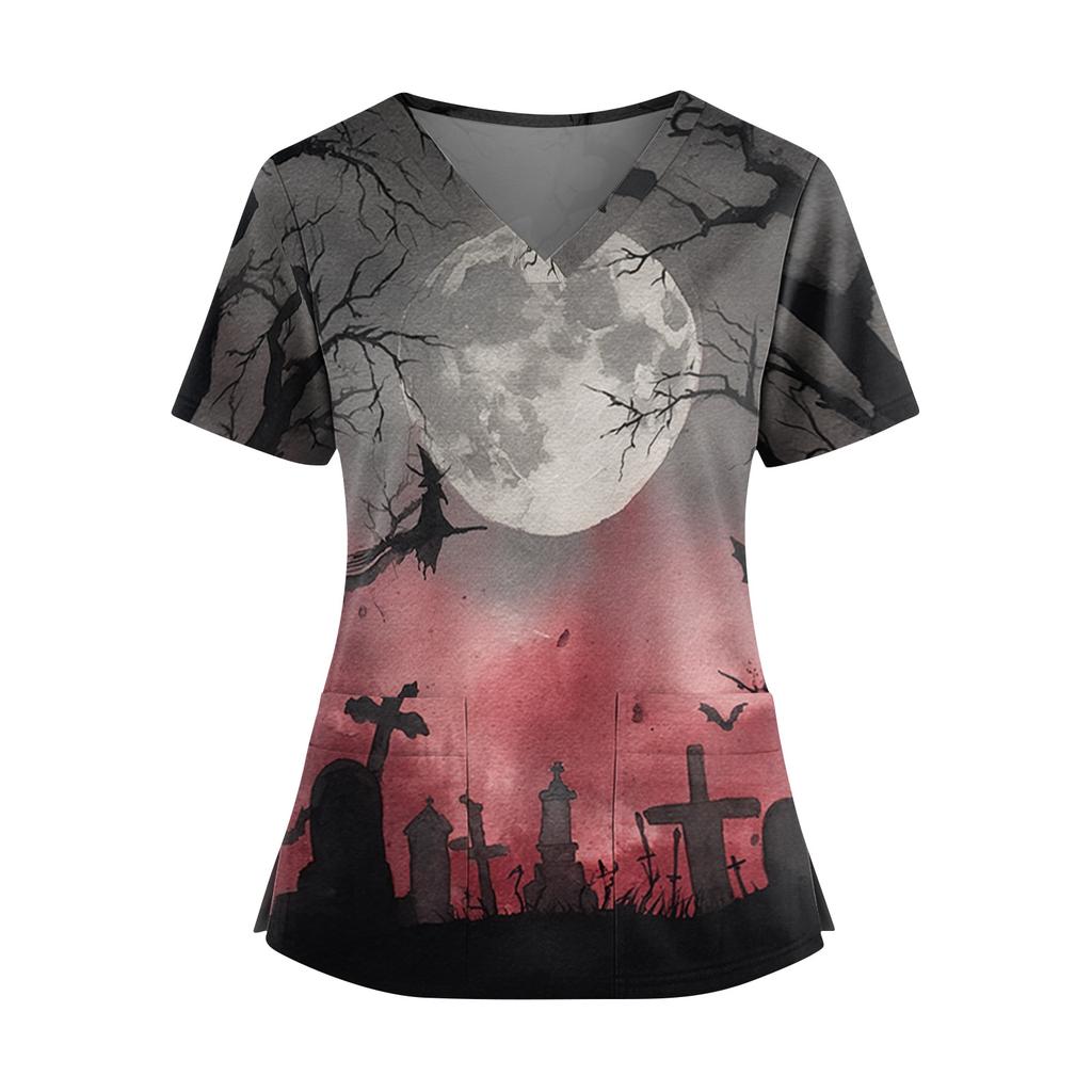 Halloween Print V Neck Short Sleeve Nurse Top with Double Pockets and Side Slits Suitable for Healthcare Workers and Caregivers