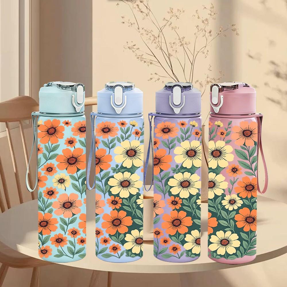 1PC Multi Tone Daisy Wildflower Print 750ml Color Plastic Sports Water Bottle Leakproof Flip Straw Lid Suitable for Sports Office Home Use