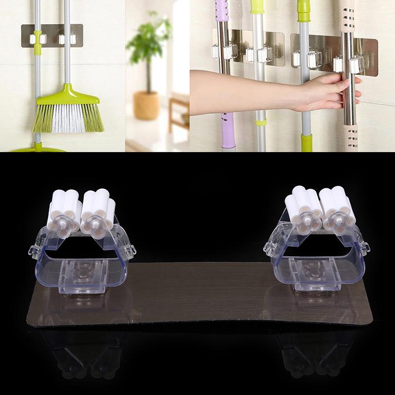 Wall Mounted Self Adhesive Mop Holder Double Hooks Broom Dustpan Hanger