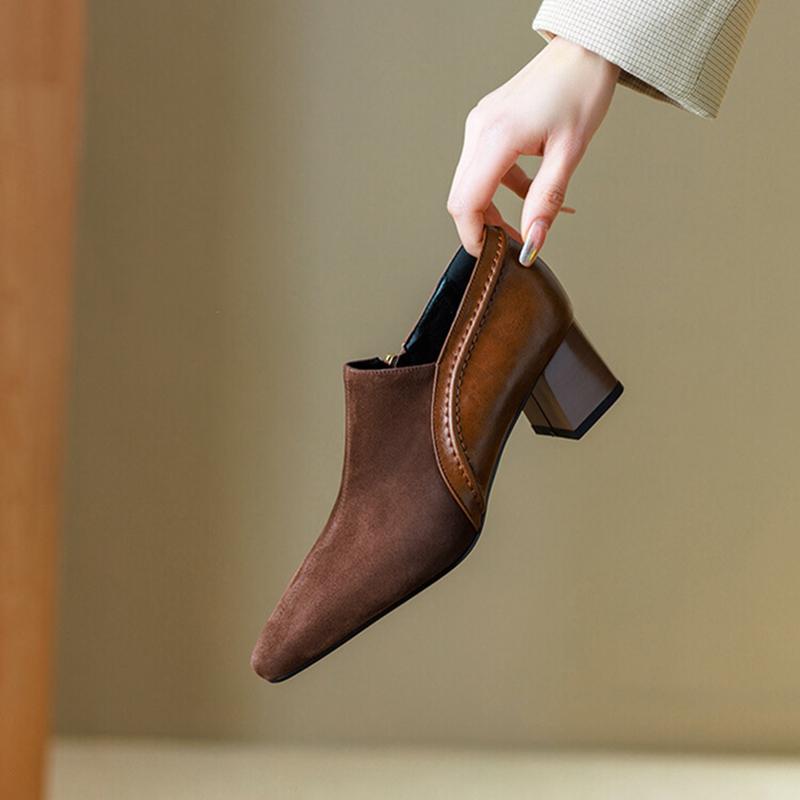 Fashion NEW Spring/Autumn Women Loafers Sheep Suede Leather Shoes for Women Pointed Toe Chunky Heel Soft Shoes Black Zipper Women Pumps