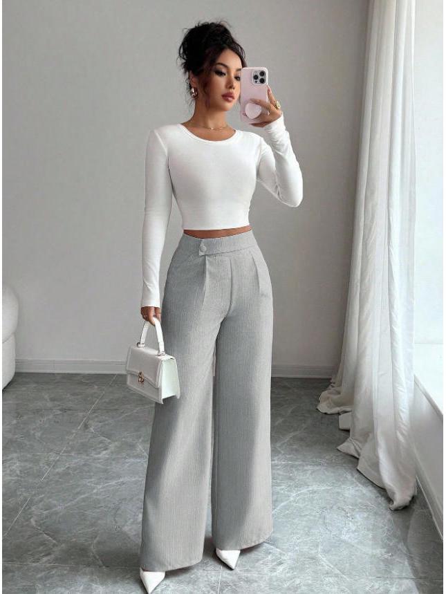 2026 European Women's Spring/Summer Drape Long Pants with Waist Patchwork and Button Details
