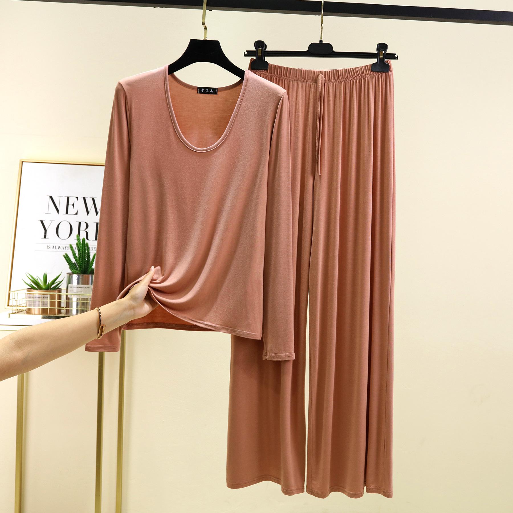 

M до 6XL Модальные футболки с длинным рукавом, U-образным вырезом и широкими брюками, женские свободные пижамные комплекты больших размеров, однотонная тонкая дышащая домашняя одежда 2XL хаки