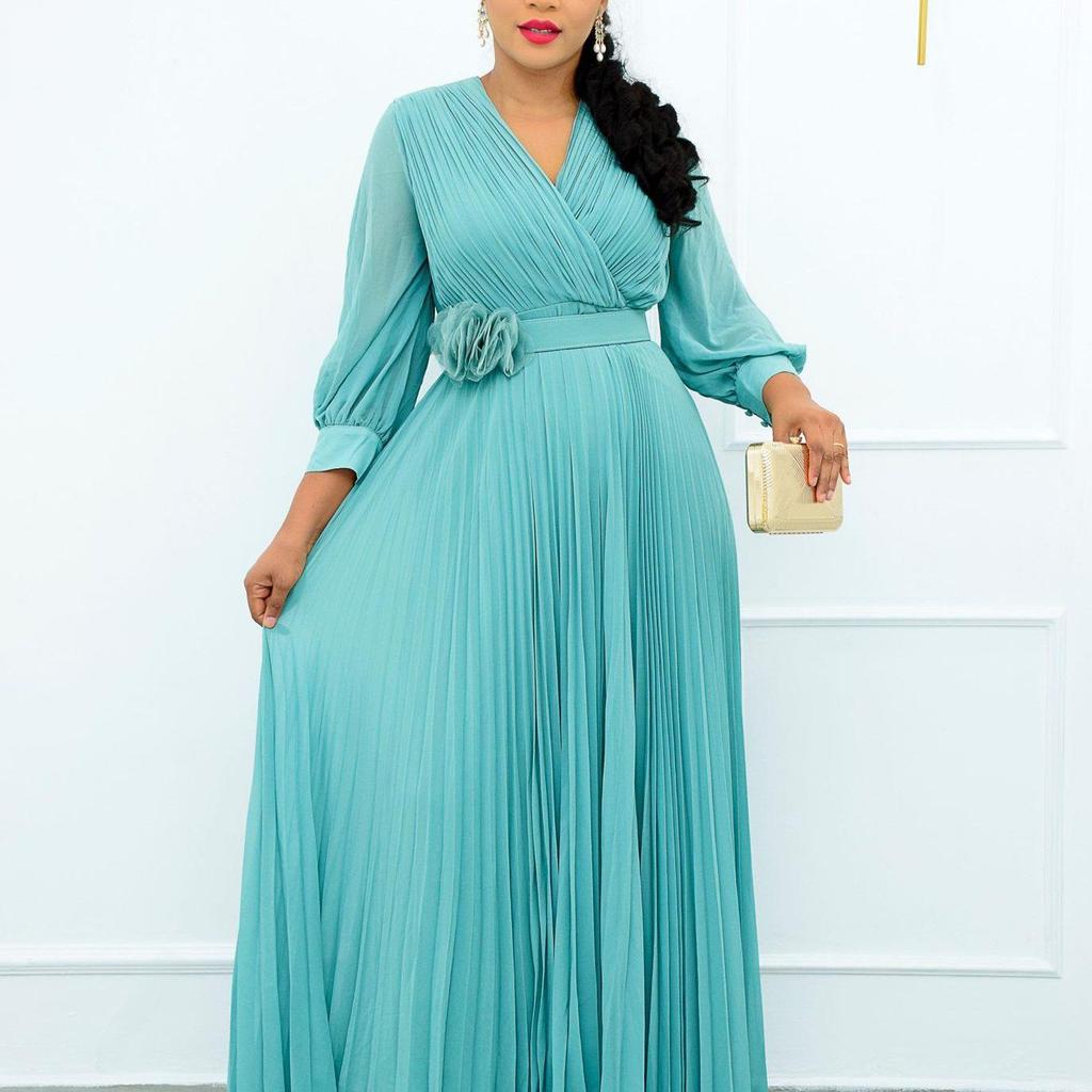 Patchwork High Waist Long Dress with Belt - Plus Size, Loose Fit