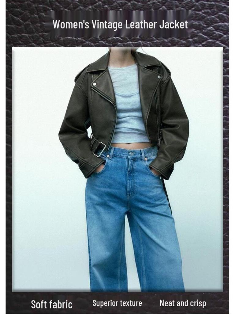 Women's Versatile Retro Leather Motorcycle Jacket - Short, Stylish Spring/Autumn Coat