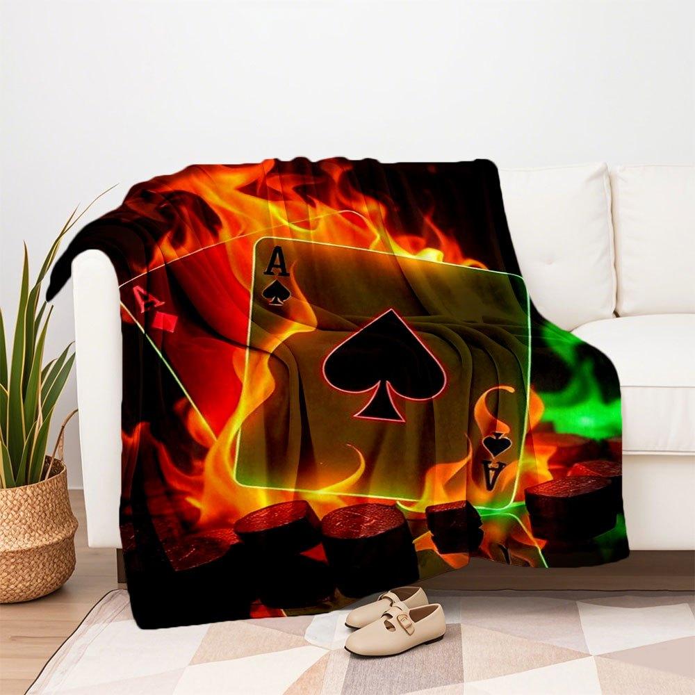 "Flaming Ace Playing Cards - Luxury Casino Deck with Fiery Design"Blanket Flannel Throw Blanket for Sofa, Bed, Travel, Camping, Office