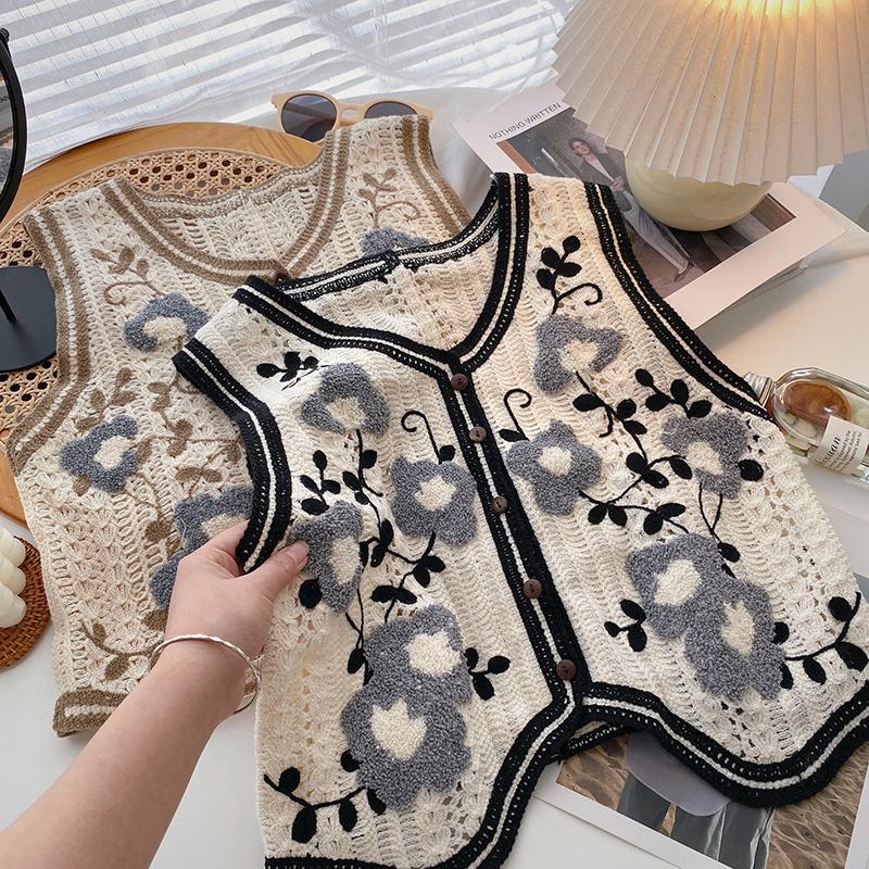 Retro Heklet Hul Ut V-hals Vest Dame Koreansk Broderi Mote Enkeltspent Ermeløs Vest Fransk Casual Overbekledning Topper