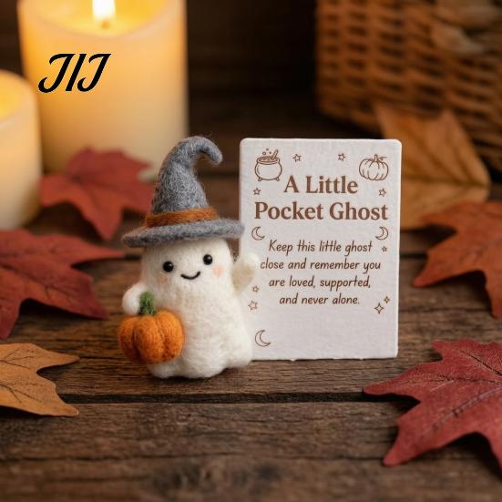 Small Halloween Prop Little Pocket Ghost, Handmade Wool Felted Ghost with Pumpkin, Mini Plush Toy Doll Inspirational Card, Emotional Support Gift for