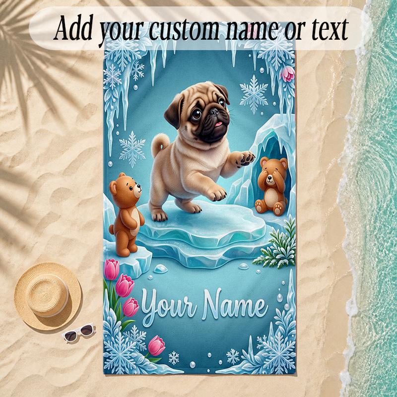 Pug Theme Soft Beach Towel Personalized Custom Name Text Towel Portable for Beach Pool Travel