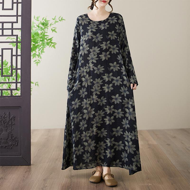 Plus Size Cotton Linen Printed Round Neck Long Sleeve Holiday Dress