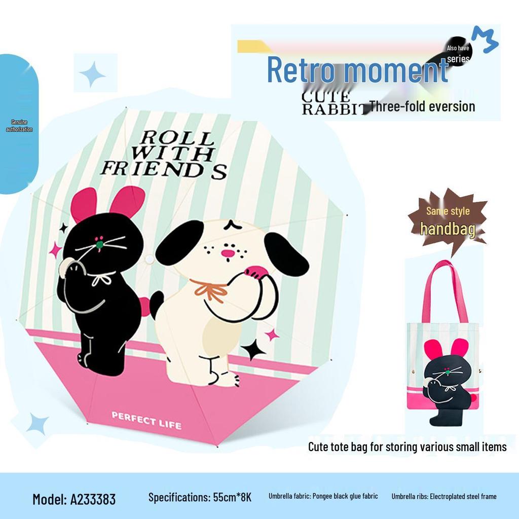 Black Dual-Use UV Protection Three-Fold Sunshade & Rain Umbrella with Tote Bag